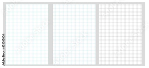 Checkered notebook page. Seamless pattern of blank checkered page with margins. White note page with blue and black lines. Square grid template. Geometric vector background.