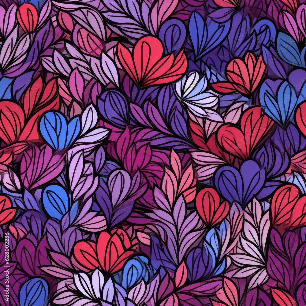 A bunch of colorful leaves on a purple background. Digital image. Valentine seamless pattern. A bunch of colorful leaves on a purple background. Digital image. Valentine seamless pattern.