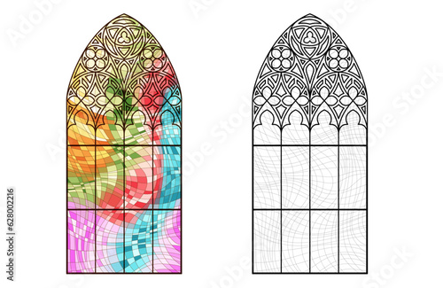 Stained Church glass worksheet. Color abstract picture.