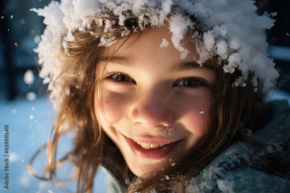 Cute winter image of child and snow outdoors - little girl smile while face and hat are covered with snow