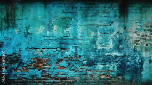 Blue grunge background. Lighting effect on an old painted brick wall. Generative Ai