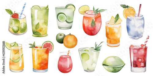 Orange, apple, lemon, avocado, peach and pomegranate drinks in glasses, set of summer watercolor juices in watercolor style © Alen