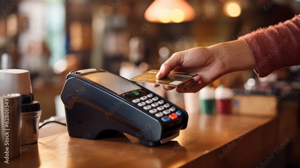 Hand of customer paying with contactless credit card  - obrazy, fototapety, plakaty 