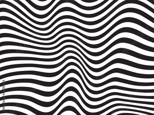 Abstract vector wave stripes. Black and white striped background. Geometric pattern with visual distortion effect. Optical illusion. Curved lines. Op art.
