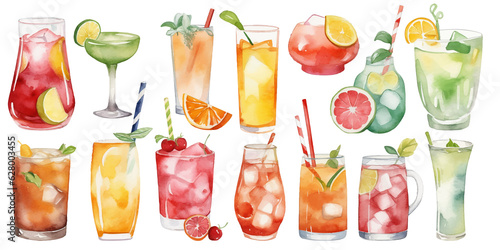 Orange, apple, lemon, avocado, peach and pomegranate drinks in glasses, set of summer watercolor juices in watercolor style © Alen