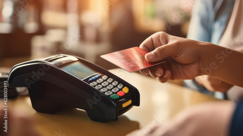 Hand of customer paying with contactless credit card 