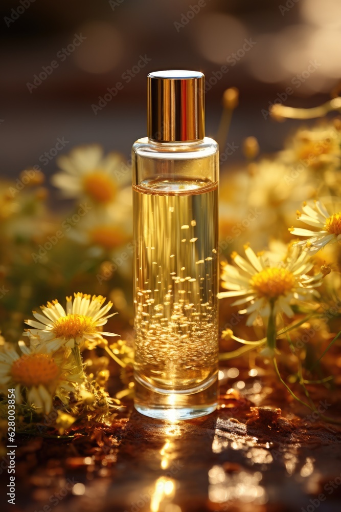 A bottle of perfume sitting on top of a table. Digital image. Orange flowers, vitality A bottle of perfume sitting on top of a table. Digital image. Orange flowers, vitality