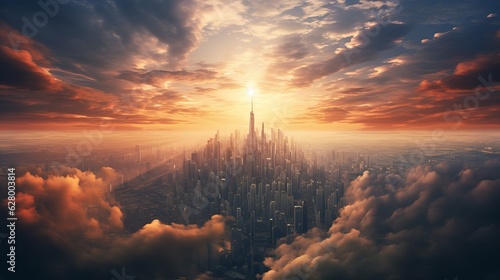 Aerial view of a city with tall buildings, epic landscape golden hour time. Generative ai