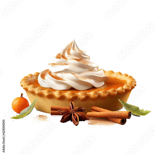 Piece of pumpkin pie with whipped cream and orange pumpkin.