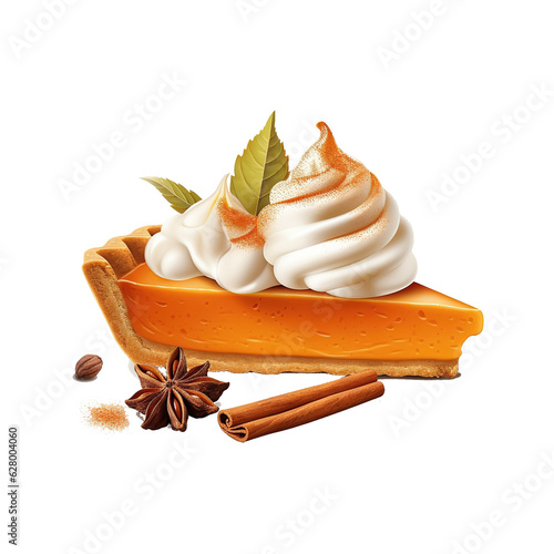 Foto Piece of pumpkin pie with whipped cream and orange pumpkin.