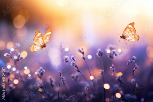 Little butterflies with fluffy tails with pink  purple flowers