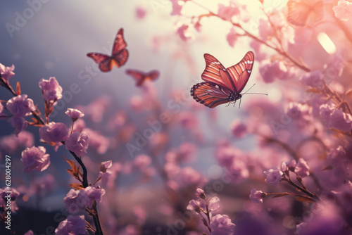 Little butterflies with fluffy tails with pink, purple flowers