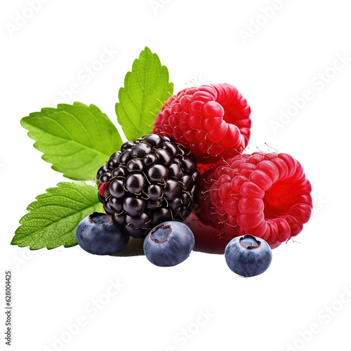 aspberry with blueberry. Wild berries isolated with leaves on white background.