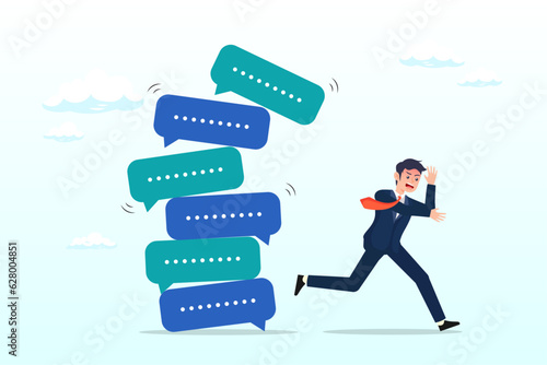 Frustrated businessman run away from collapsing stack of online speech bubble, communication problem or overload, too many messages or spam, inefficient discussion or meeting concept (Vector)