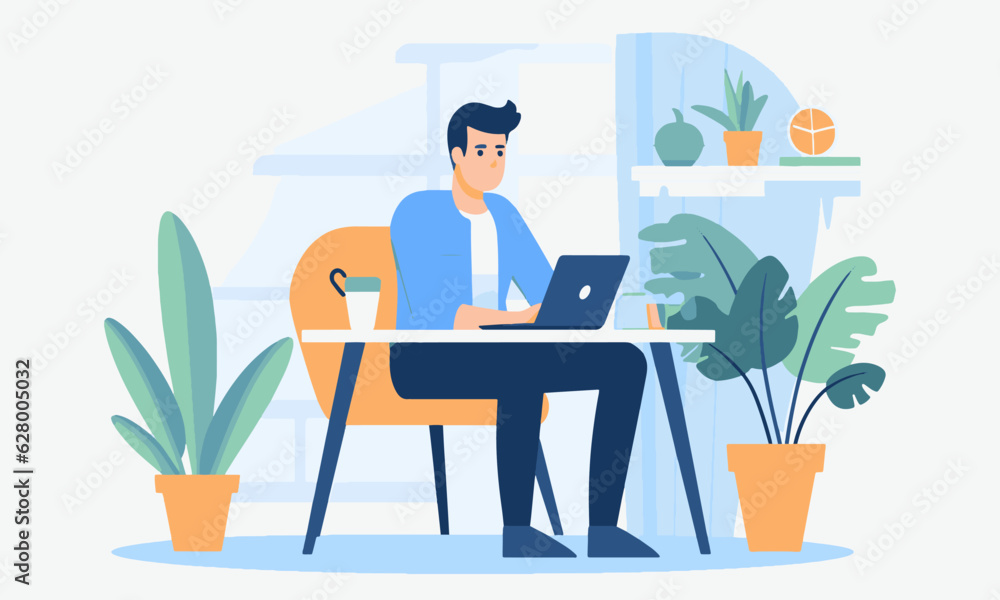 A young freelancer boy with Working a laptop at a personal home desk, working from home at a relaxed pace, convenient workplace vector illustration of remote working, and virtual team cartoon design. - obrazy, fototapety, plakaty 