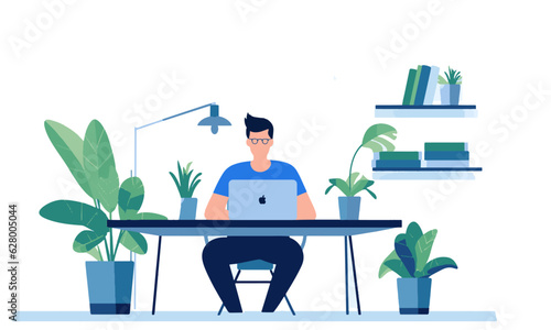 A young freelancer boy with Working a laptop at a personal home desk, working from home at a relaxed pace, convenient workplace vector illustration of remote working, and virtual team cartoon design.