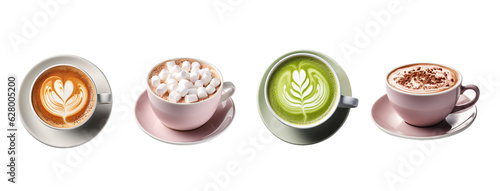 Collection of hot drinks such as matcha latte,coffee,hot chocolate and hot chocolate marshmallow isolated on transparent background. Generative Ai