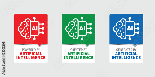 AI Generated with powered by, Created by and generated by, Badge, icon, emblem, stamp, Sticker, label of artificial intelligence. flat vector, isolated illustration, new moderen logo,