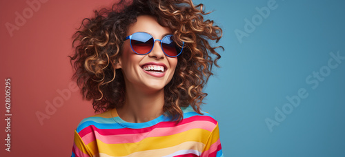 Smiling young woman with colorful stripped long sleeve t-shirt sunglasses against bicolor background