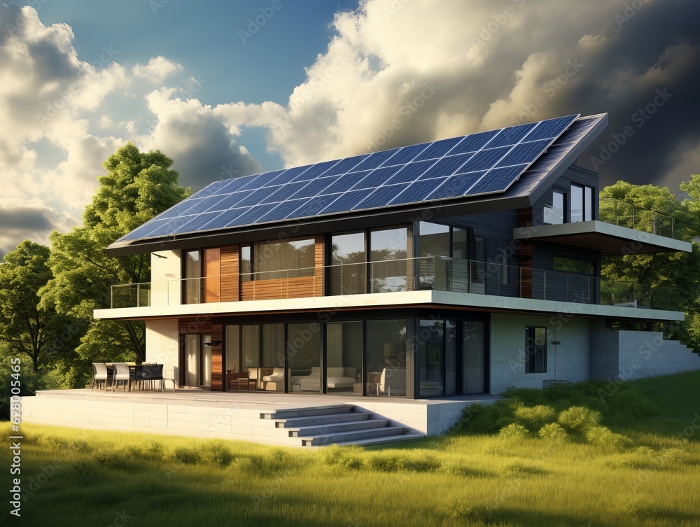 3D house with solar panel roof on a bright day, green park, modern house, elegant and luxury. Generative ai 3D house with solar panel roof on a bright day, green park, modern house, elegant and luxury. Generative ai