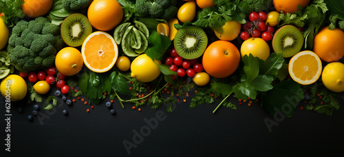 Top view of fruits and vegetables. Healthy nutrition habits concept. Image generative AI.