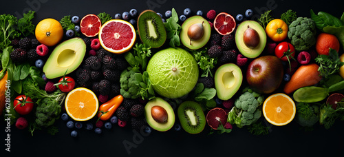 Top view of fresh vegetables and fruits on dark surface. 