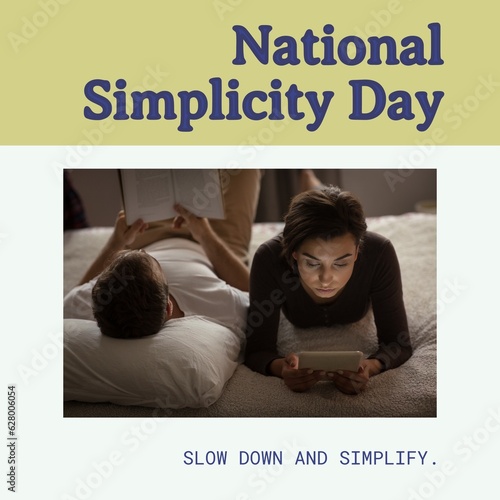 Composition of national simplicity day text over biracial couple reading book and using tablet