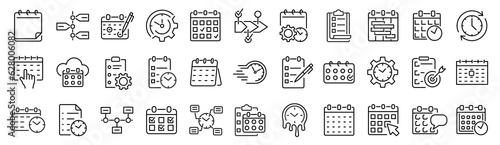 Set of outline icons related to scheduling, time management, calendar. Linear icon collection. Editable stroke. Vector illustration