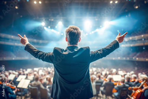 conductor passionately directs the orchestra on the grand stage, setting the perfect tone for an electrifying musical performance that enthralls the eager audience at the vibrant concert festival.