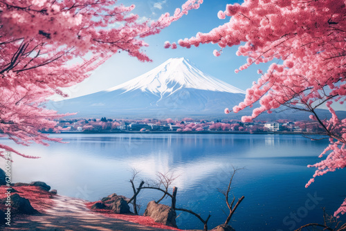 The breathtaking Mount Fuji stands majestically over a serene lake, surrounded b Fototapet