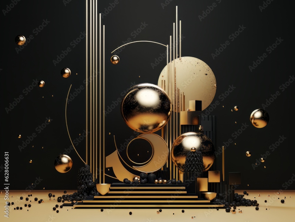 Abstract contrast black and yellow golden scene with geometric shapes. visualization AI
