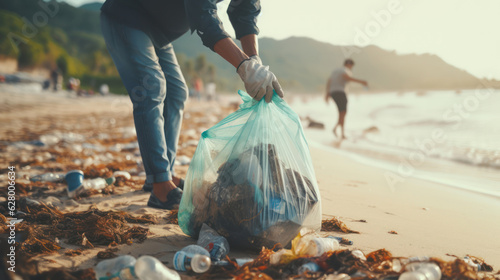 Man in gloves pick up plastic bags that pollute sea. Problem of spilled rubbish trash garbage on the beach sand caused by man - made pollution and environmental, campaign to clean volunteer in concept
