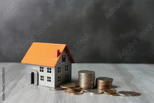 A model house sitting on top of a pile of coins. Digital image. Loan or morgage concept image. photo