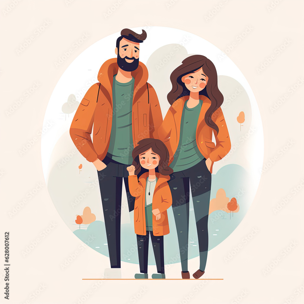 Flat vector illustration, family, married couple with child, Generative AI Flat vector illustration, family, married couple with child, Generative AI