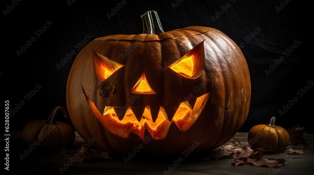 Halloween scary pumpkin with fire, dark background. AI generated. Halloween scary pumpkin with fire, dark background. AI generated.
