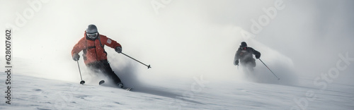 Group of skiers athletes compete going down from ski mountain. AI generated.
