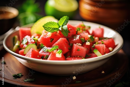 Watermelon and lime salad with little cheese and mint. Generative AI