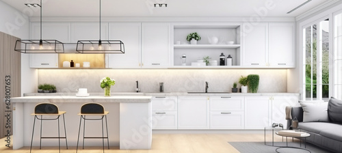 Interior design of a white kitchen in a minimalist style  light background. AI generated.