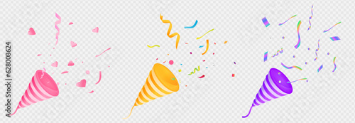 3d party popper set. Sculpture of colored paper, firecrackers, confetti, fanfare. vector illustration hand drawing