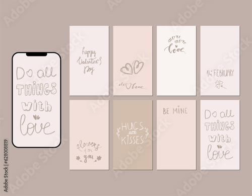 Social media story layout in pastel beige colors. A set of postcards for Valentine's Day with inscriptions in doodle style.