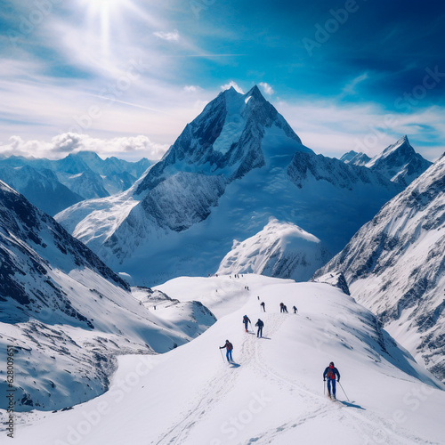Skiers Descending a Snowy Mountain Slope under a Clear Blue Sky