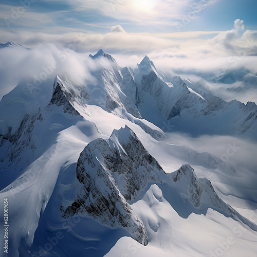 Aerial View of Snowy Mountain Peaks Veiled by Mist and Clouds
