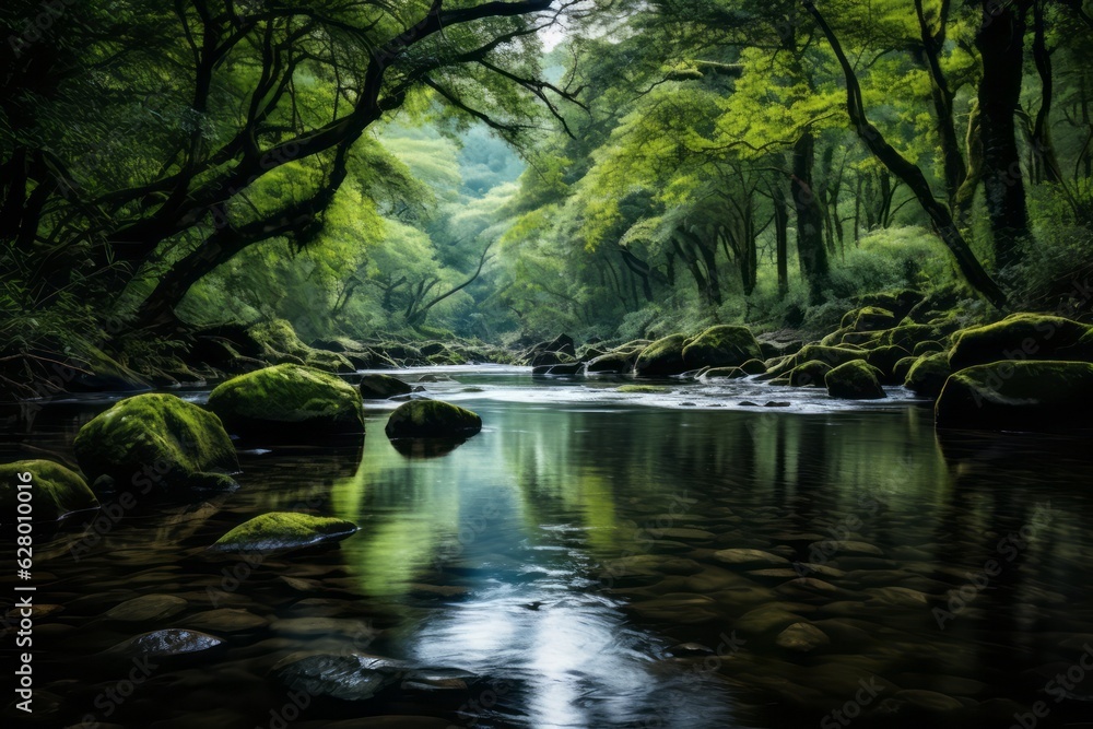  Tranquil River Winding Through A Lush Forest, Generative AI