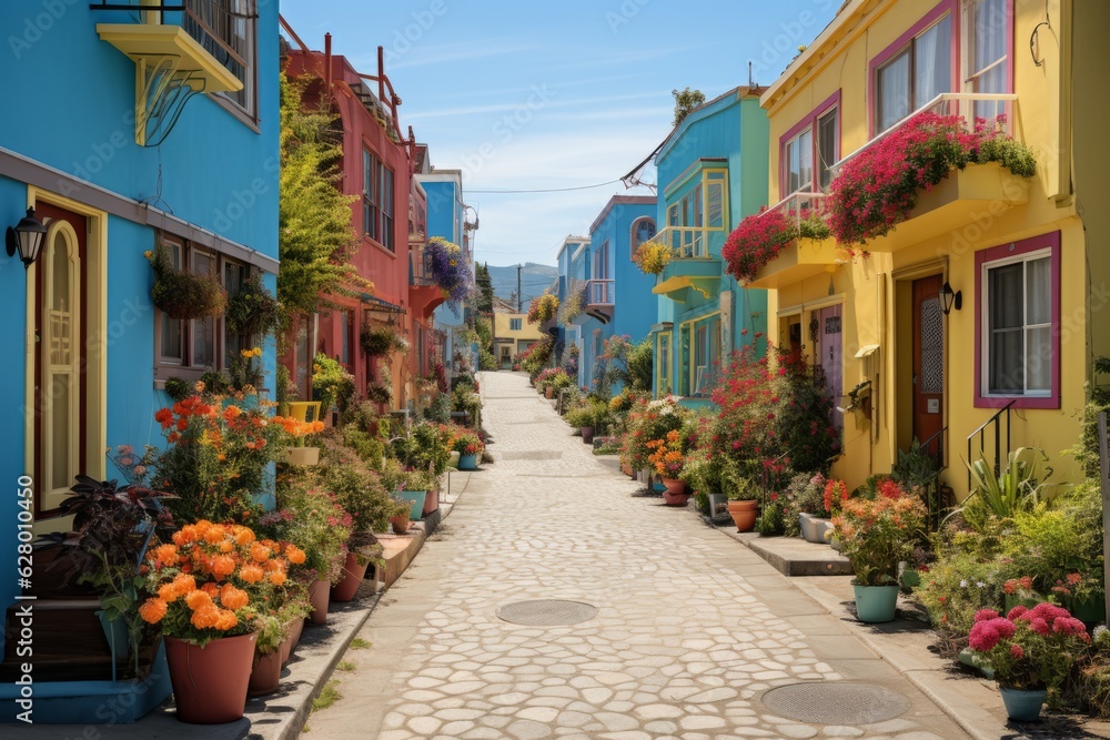 Vibrant Street With Colorful Houses, Generative AI