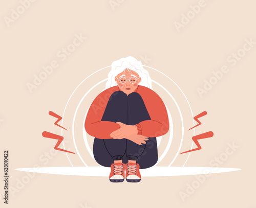 Menopause concept. Sad elderly woman with female problems. Abdominal pain. Vector illustration in flat cartoon style.