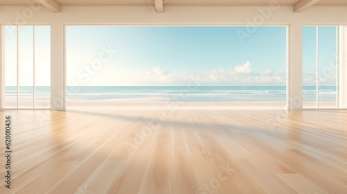 Empty apartment room with wooden floor of beach house. Sea view from windows. Copy space. Generative AI © AngrySun