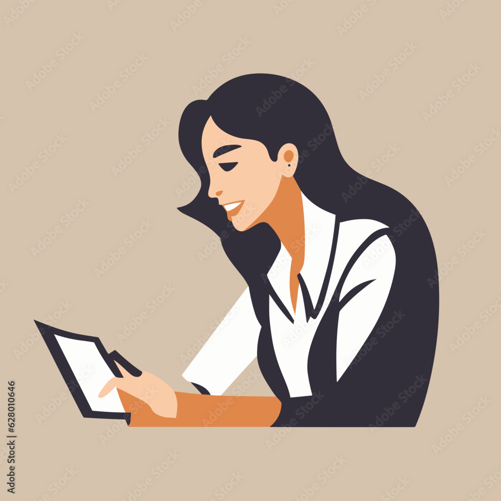 Illustration of a business, woman, working on a computer in the office with a laptop Illustration of a business, woman, working on a computer in the office with a laptop