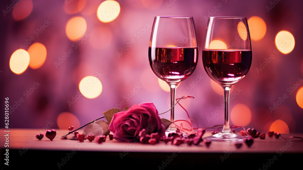Romantic concept. Two glasses of vine with pink rose petals with bokeh background. Valentine's day banner. Celebration with wine and red rose. Romantic concept. Two glasses of vine with pink rose petals with bokeh background. Valentine's day banner. Celebration with wine and red rose.