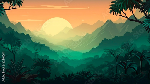 Landscape of mountains with palm trees and sunset. vector illustration.AI Generated © Kateryna