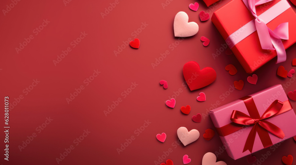 Valentines Day red background with red and pink hearts and gift Valentines Day red background with red and pink hearts and gift